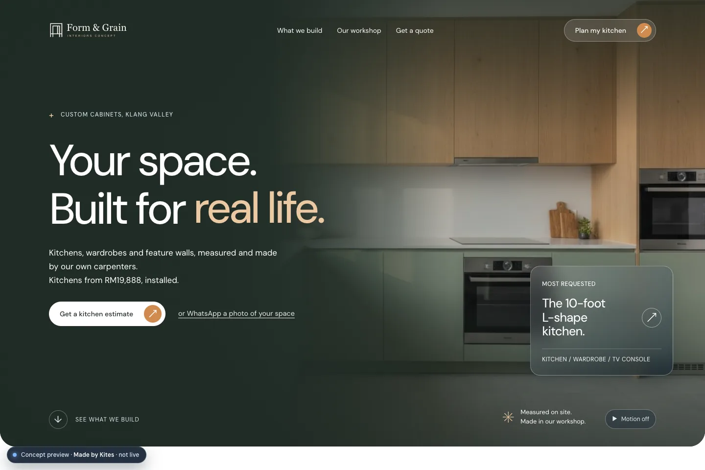 Form and Grain interiors website concept: an example of interface and brand direction